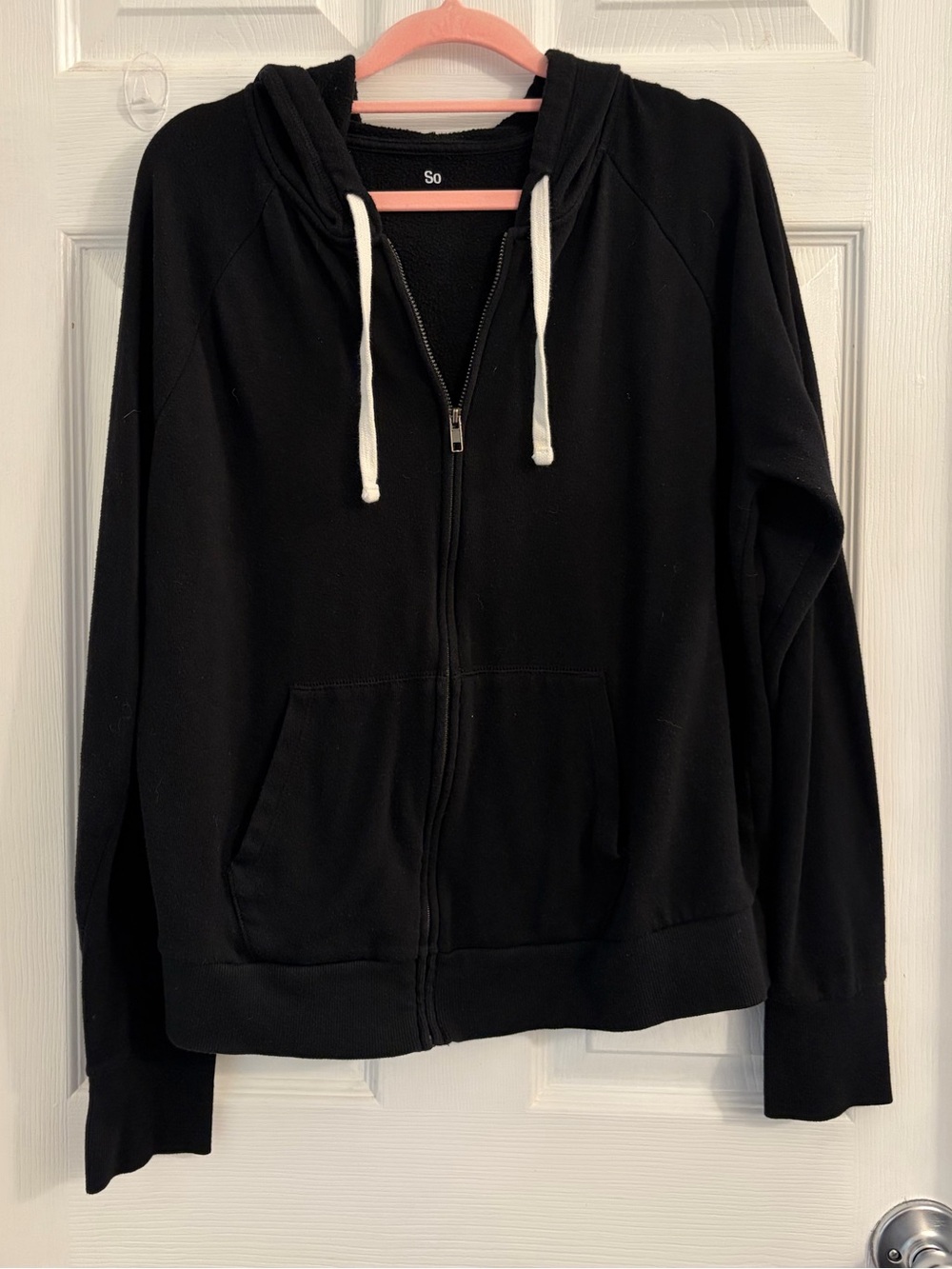 SO Black Zip-Up Hoodie with White Drawstrings. Size XL $10